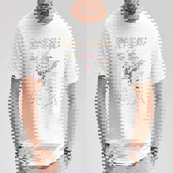 ロックンロール キャットドラム ヴィンテージ Rock Cat Drummer Art Back Tシャツ 面白い贈り物