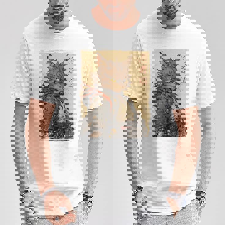 ヴィンテージ 日本の風景 侍 猫 漢字 Art Back Tシャツ 面白い贈り物