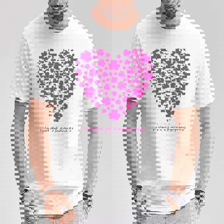 世界中の幸せを願う 可愛い ハート ピンク クローバー 反戦 平和 バックプリント Tシャツ 面白い贈り物