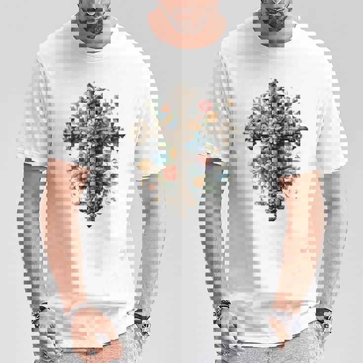 十字架 スピリチュアル キリスト 花 イエス 信仰 十字架 十字架 長袖tシャツ Tシャツ 面白い贈り物