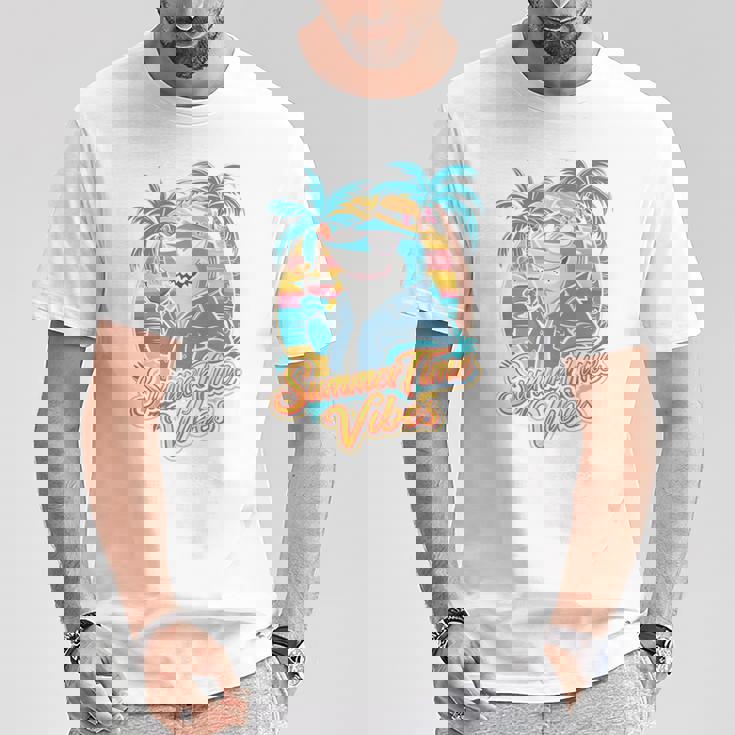 夏休み サメ ビーチ トロピカル サンセット ヤシの木 長袖tシャツ Tシャツ 面白い贈り物