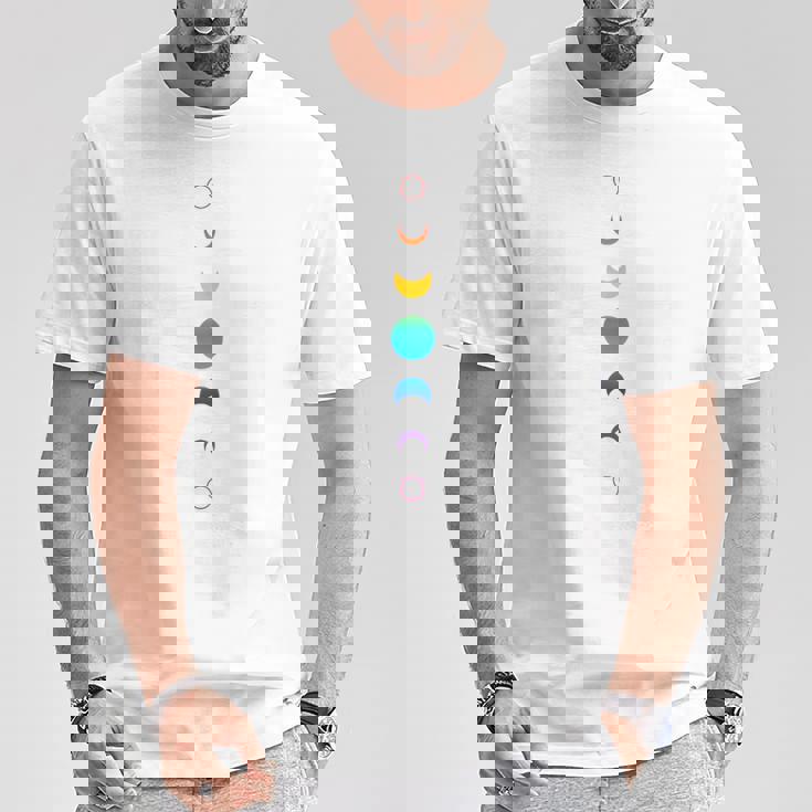 天空の月の満ち欠け バックプリント 虹の月天文学 Tシャツ 面白い贈り物
