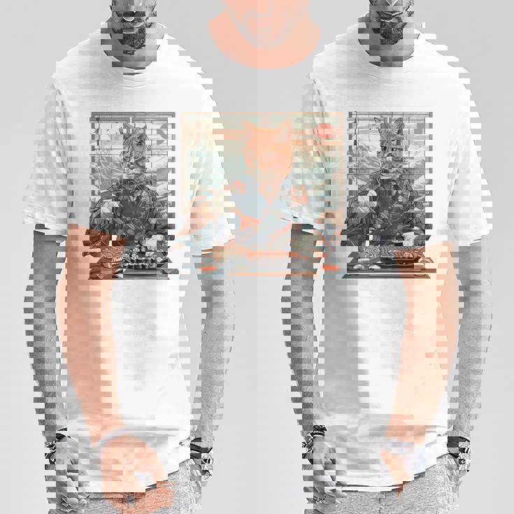 寿司好き ヴィンテージ 子猫 伝統 日本の芸術 猫 長袖tシャツ Tシャツ 面白い贈り物