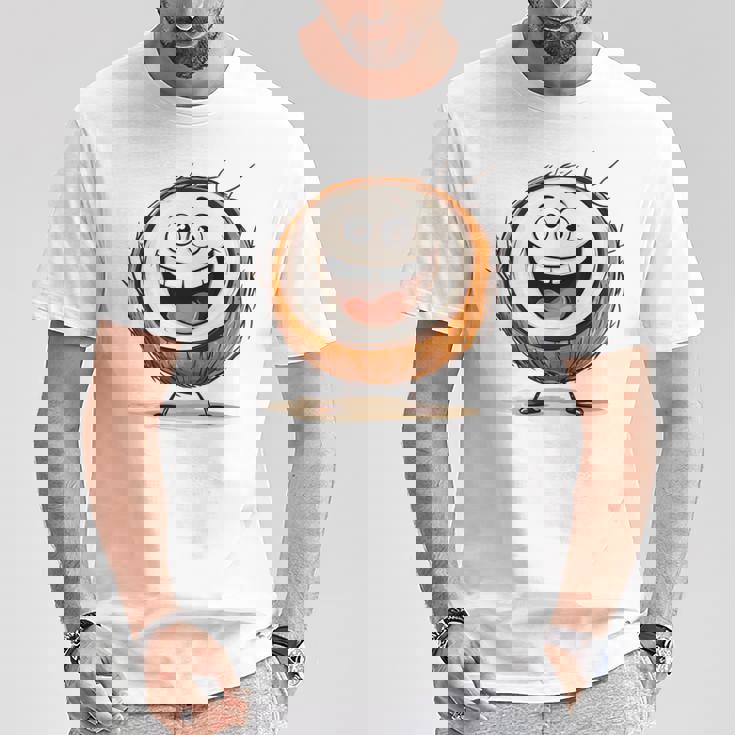 幸せな笑顔のココナッツの顔の漫画 長袖tシャツ Tシャツ 面白い贈り物