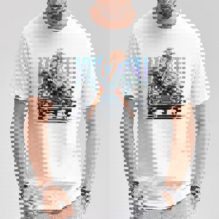 強風ピンナップガールとオールドアメ車のバックプリント Tシャツ 面白い贈り物