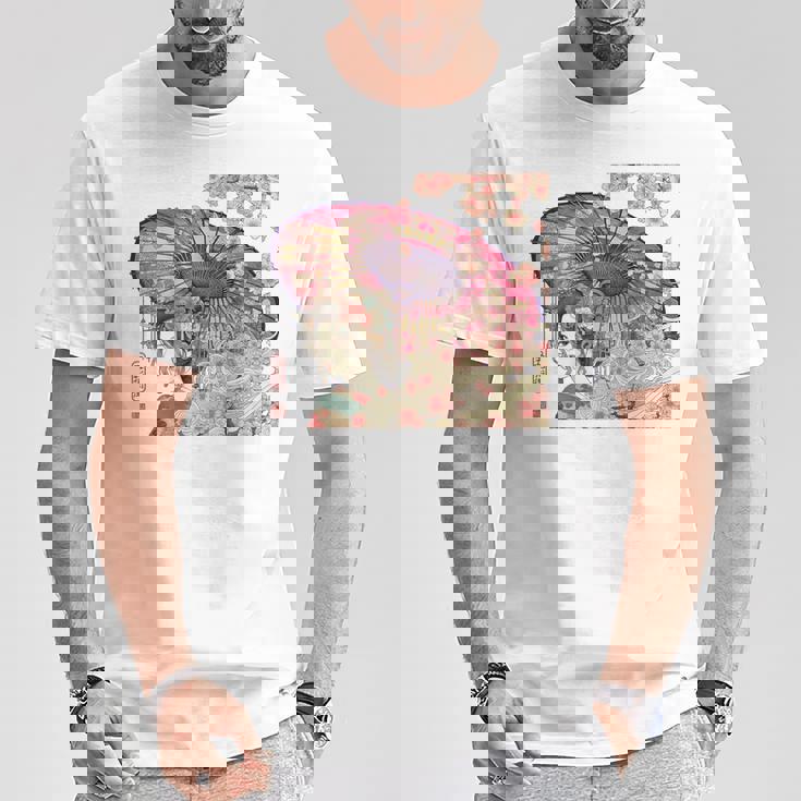 振り返る娘 見返り美人 日本美人 花街 浮世絵 桜 花 奇麗 赤 バックプリント Tシャツ 面白い贈り物