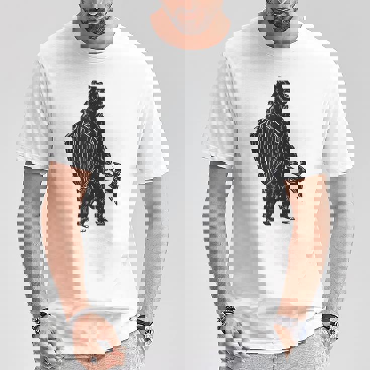 斧と盾を持った熊 中世の熊 バイキング Tシャツ 面白い贈り物
