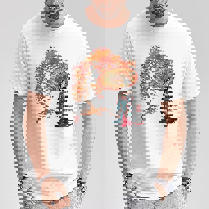 日本 浮世絵 京都 嵯峨 紅葉 和傘 美人 着物 Tシャツ 面白い贈り物