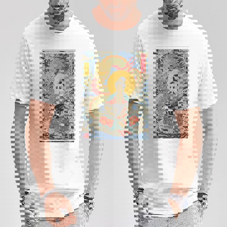 日本 浮世絵 滋賀 琵琶湖 竹生島 弁財天 竜 龍神 バックプリント Tシャツ 面白い贈り物