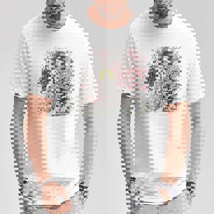 日本 浮世絵 観音菩薩 竜 桜 波 バックプリント Tシャツ 面白い贈り物