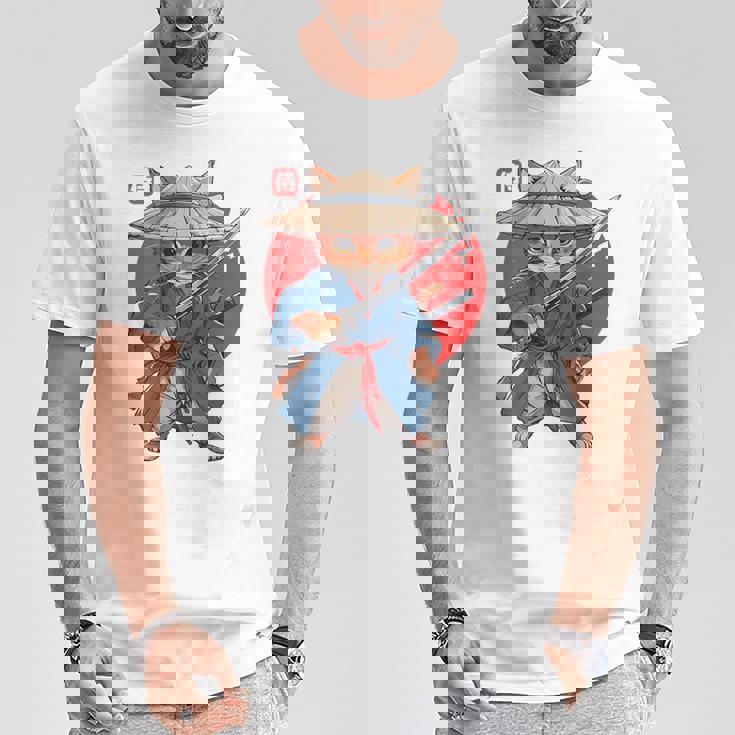 日本の侍 猫戦士 浮世侍 バックプリント Tシャツ 面白い贈り物