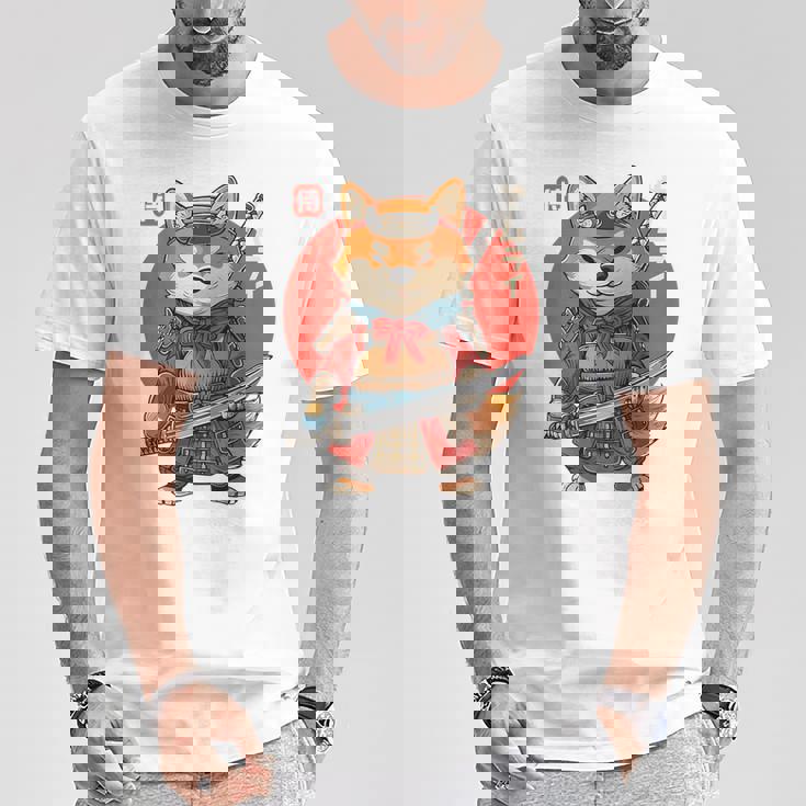 日本の侍犬 柴戦士 浮世サムライ バックプリント Tシャツ 面白い贈り物