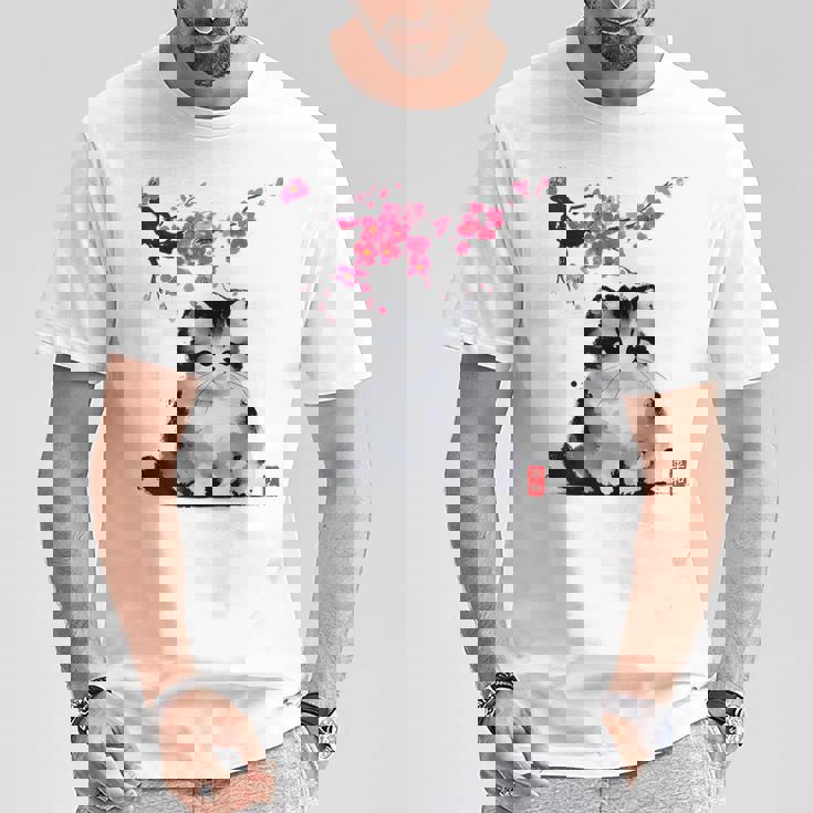 日本の墨絵マンチキン猫 桜 桜アート Tシャツ 面白い贈り物