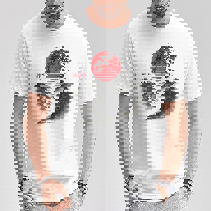 日本の木 赤い月 絵画 日本 夕日 男性 女性 Tシャツ 面白い贈り物