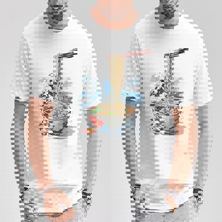 日本の麺スープ ラーメン 浮世絵 日本波 ヴィンテージ Tシャツ 面白い贈り物