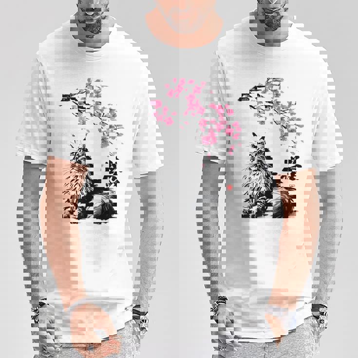 日本美術 メインクーン 猫 桜 桜 Tシャツ 面白い贈り物