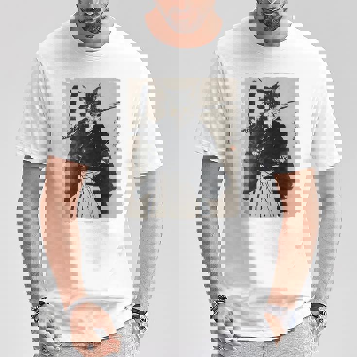 日本美術 猫 忍者 浮世絵 アニメ風 侍猫 長袖tシャツ Tシャツ 面白い贈り物