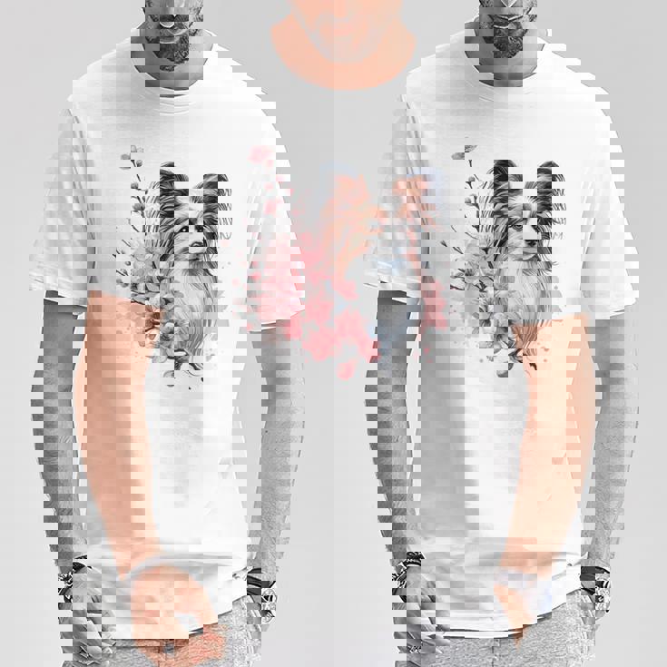 桜 水彩パピヨン Tシャツ 面白い贈り物