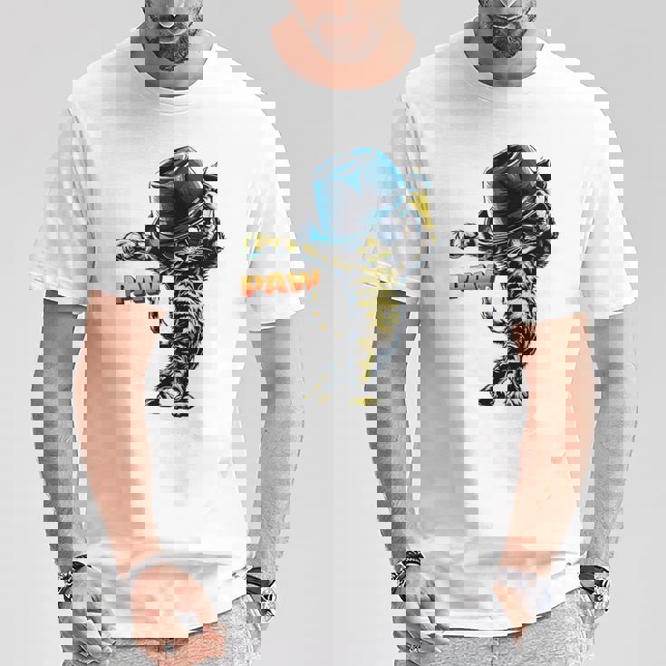 決めポーズの猫イラスト Pawの文字が光るダンス風デザイン Tシャツ 面白い贈り物