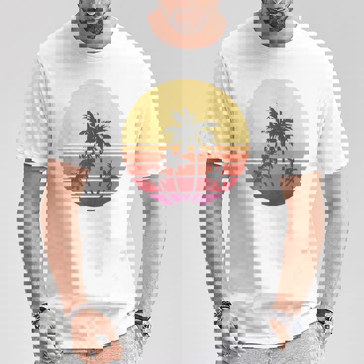 涼しい 夏休み メンズ レディース サンセット ビーチ ヤシの木 Tシャツ 面白い贈り物