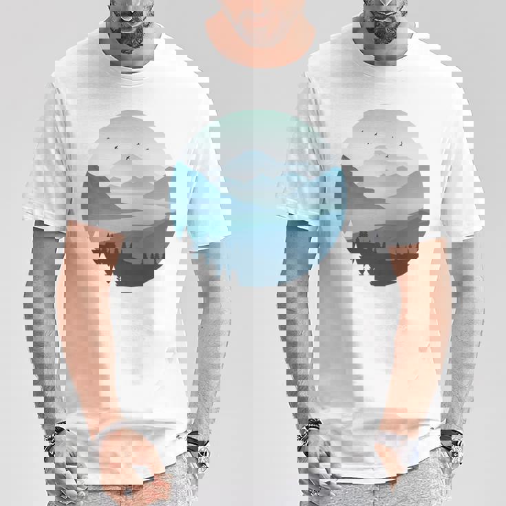 湖 森 風景 山 シルエット 長袖tシャツ Tシャツ 面白い贈り物