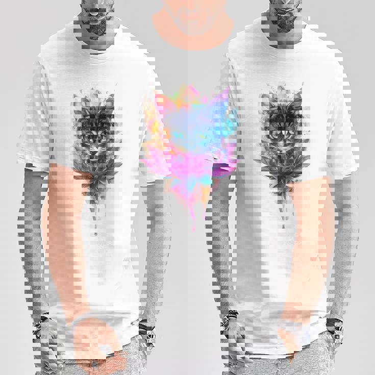 猫 花 カラフル かわいい アート 動物好き グラフィック 猫 Tシャツ 面白い贈り物