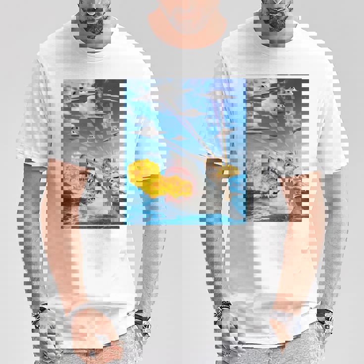 猫に乗って火を吐くサメレインボーレーザータコス 長袖tシャツ Tシャツ 面白い贈り物