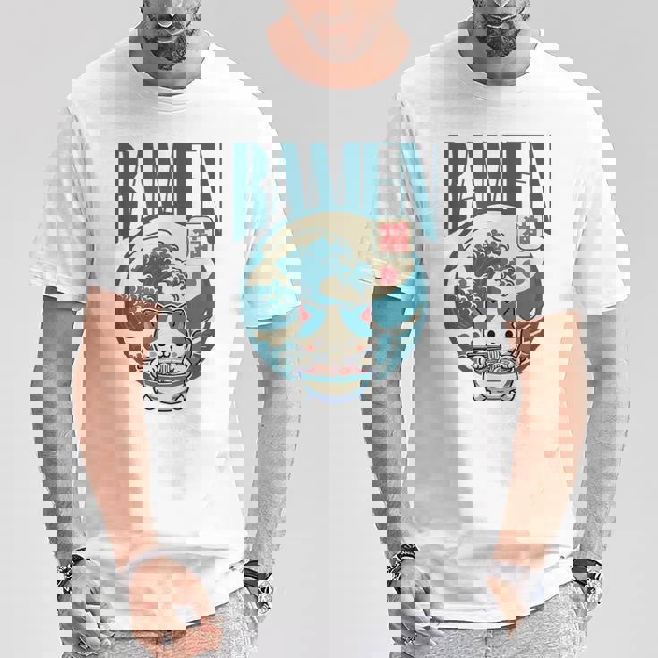 猫食べるラーメン キッズ&大人、日本の神奈川波ラーメン Tシャツ 面白い贈り物