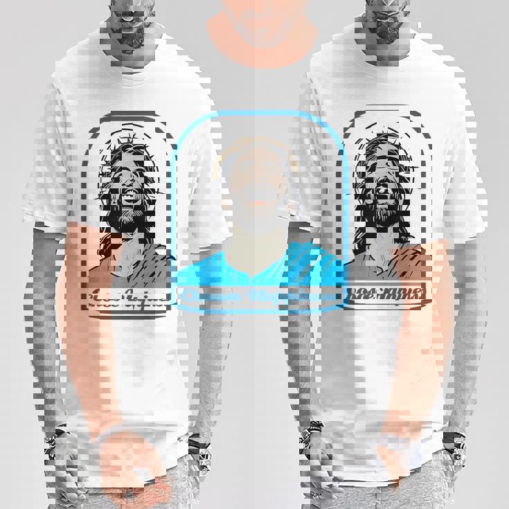 笑うイエス キリスト 喜び 幸せな笑顔 自信 いばらの冠 満足感 クリスマスプレゼント 贈り物 お土産 ポジティブ Tシャツ 面白い贈り物