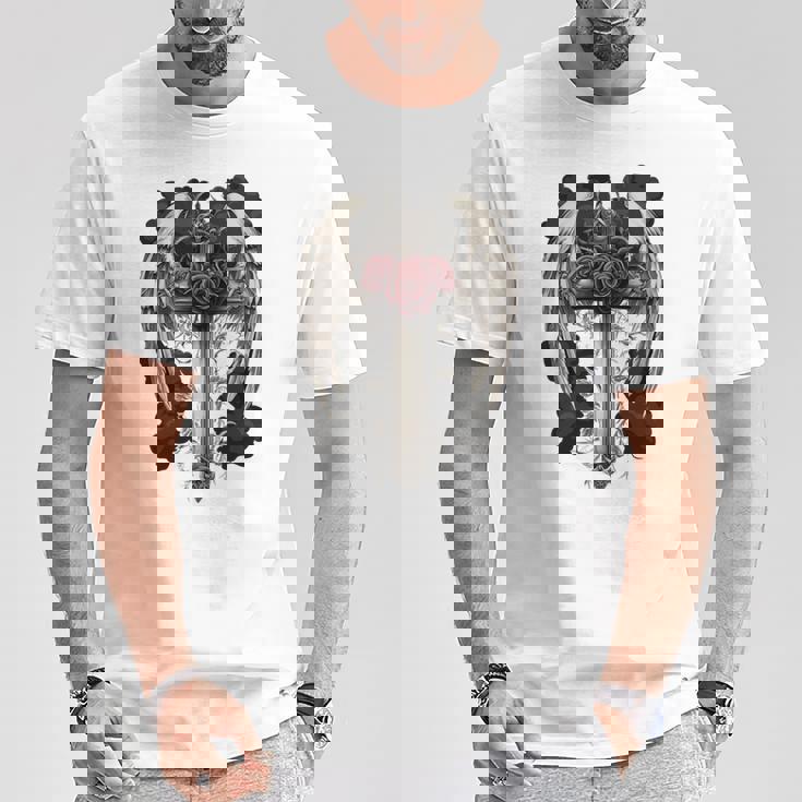 翼とバラのゴシック・クロス 長袖tシャツ Tシャツ 面白い贈り物