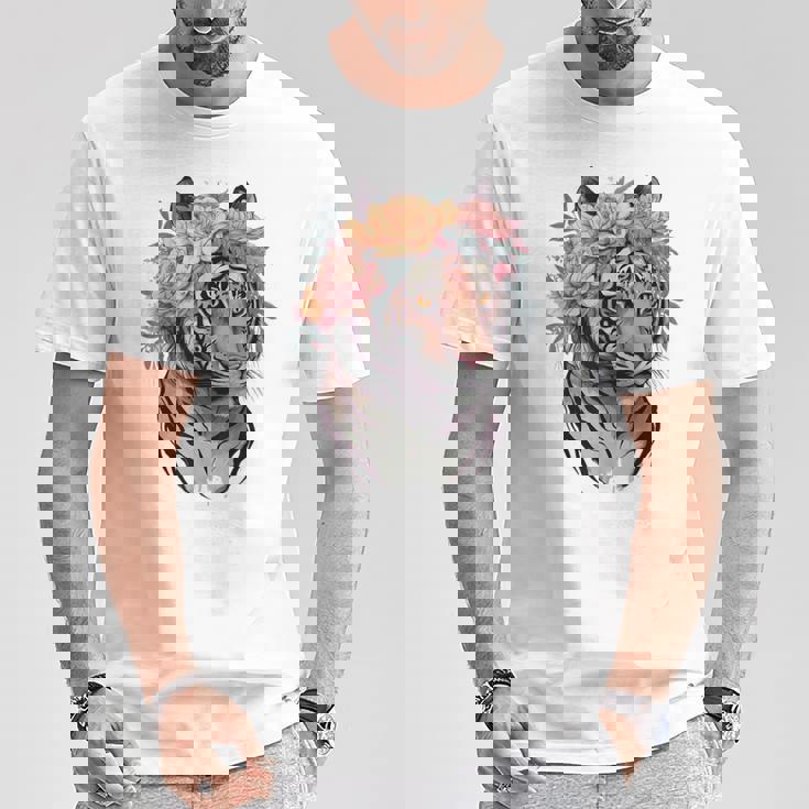 花柄 水彩 虎 花 王冠 虎好き Tシャツ 面白い贈り物
