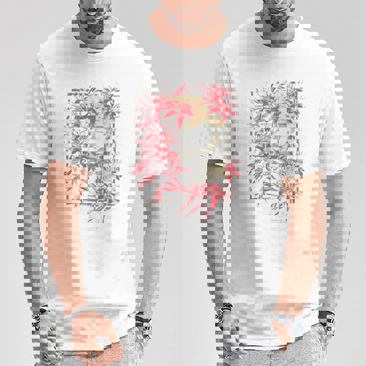 赤いクモのユリの花 日本の頭蓋骨 オタクのバックプリント Tシャツ 面白い贈り物