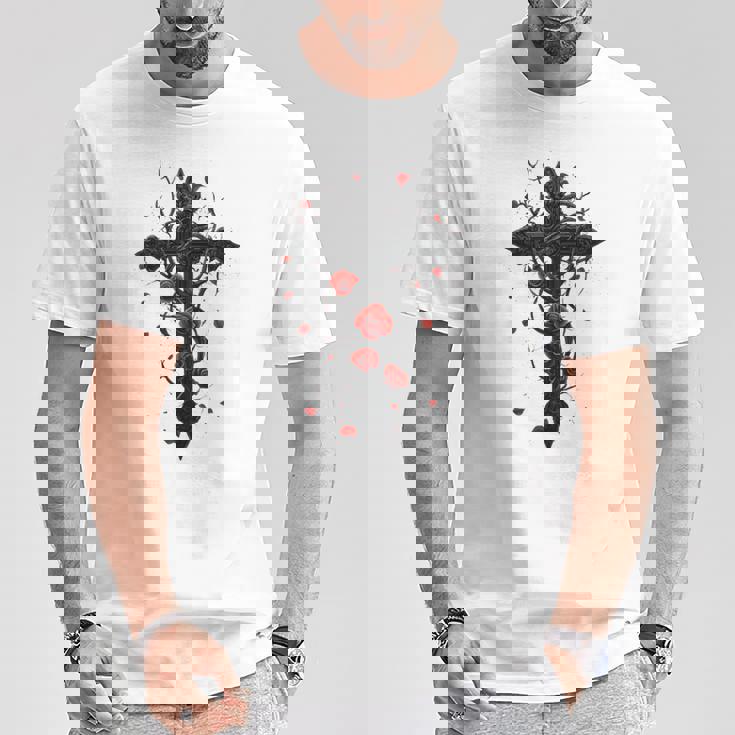 赤いバラのゴシック・クロス 長袖tシャツ Tシャツ 面白い贈り物