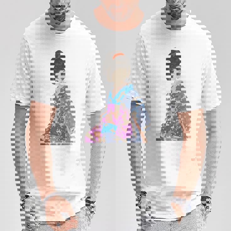 青い着物を着た美しい芸者 日本画 鳥居 言人 帯 美人画 新版画 日本画 長袖tシャツ Tシャツ 面白い贈り物