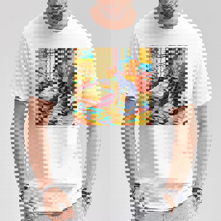 面白いtシャツ 猫 ネコ 読書 勉強 メンズ 猫好き グッズ おもしろ 面白い 服 ネタ 猫の下僕 浮世絵 長袖tシャツ Tシャツ 面白い贈り物