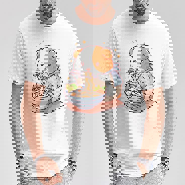 面白いモルモット 箸でラーメンを食べる アニメ 長袖tシャツ Tシャツ 面白い贈り物