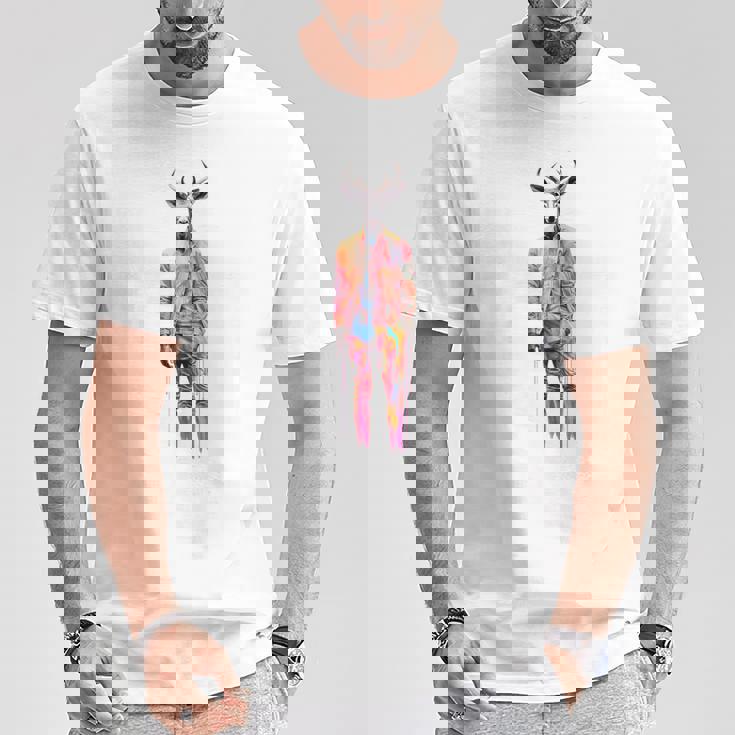 鹿 人間 アート カラフル 動物 絵画 グラフィック 鹿 Tシャツ 面白い贈り物