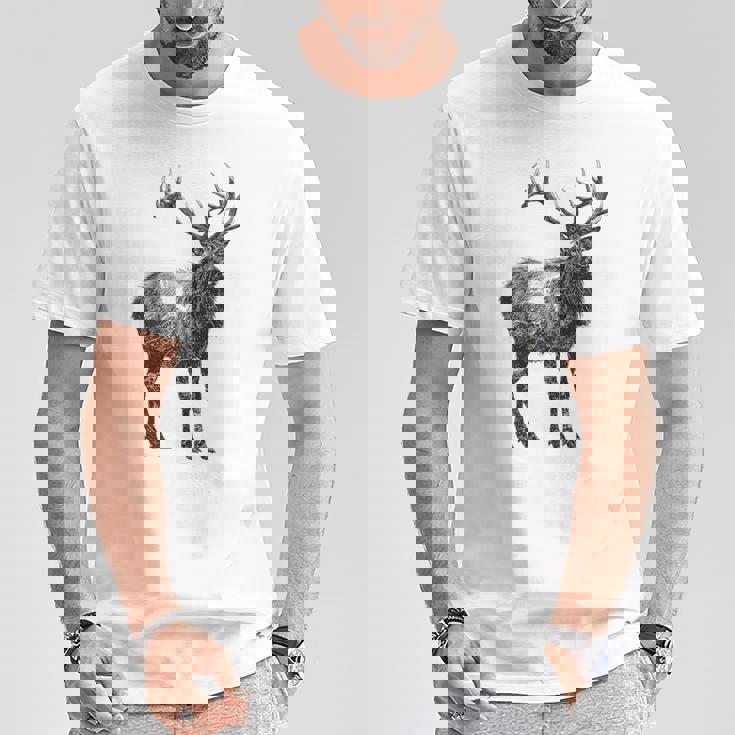 鹿 動物 プリント モチーフ 図面 イラスト ポートレート 鹿 Tシャツ 面白い贈り物