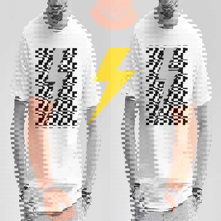 黄色の稲妻チェッカー審美的レーシング 長袖tシャツ Tシャツ 面白い贈り物