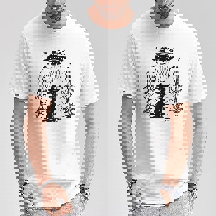 黒猫 カウボーイハット ウェスタン Ufo エイリアン 面白い かわいい Tシャツ 面白い贈り物