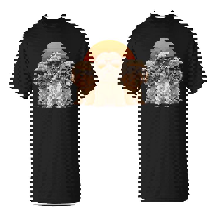 3匹のかわいい犬 ラサ・アプソ シーズー クール サングラス付き Tシャツ