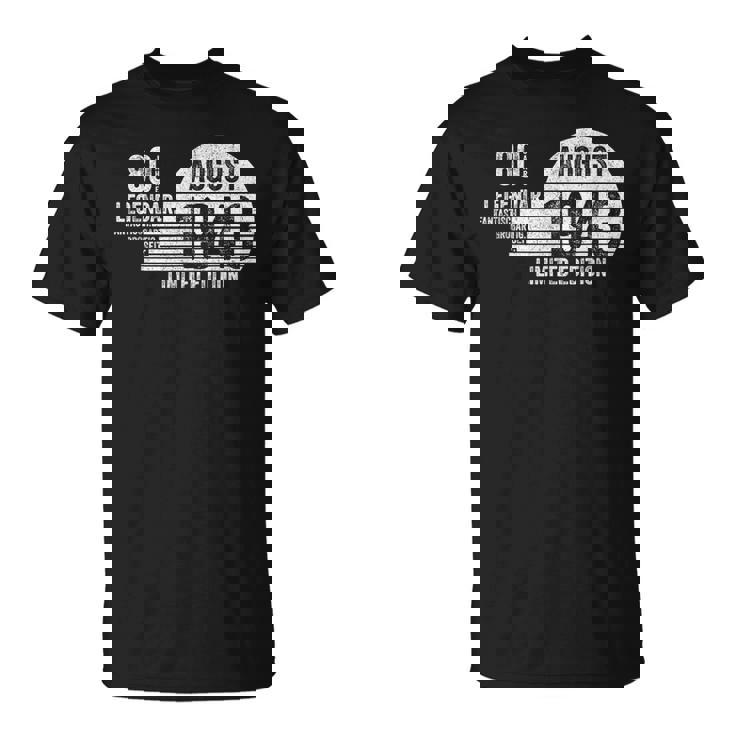 80歳の誕生日 メンズギフト 80歳 女性用 80年 8月 1943 Tシャツ