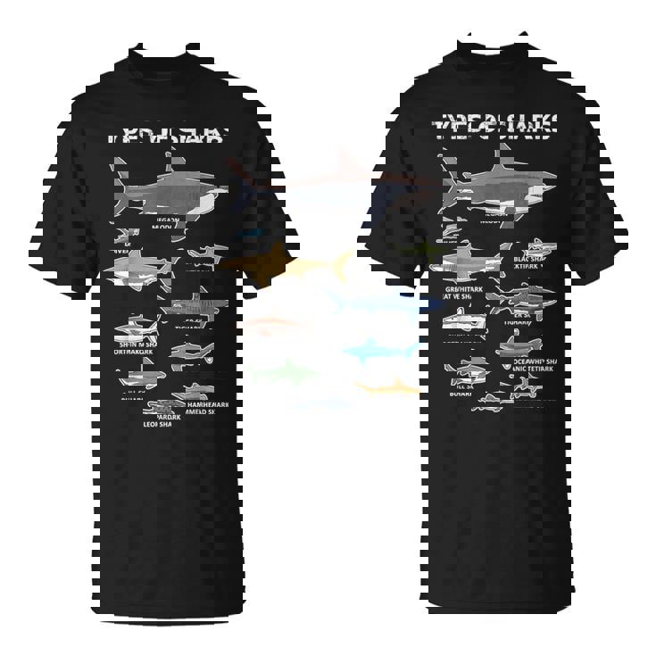 9種類のサメ教育カラフルな海英語 Tシャツ