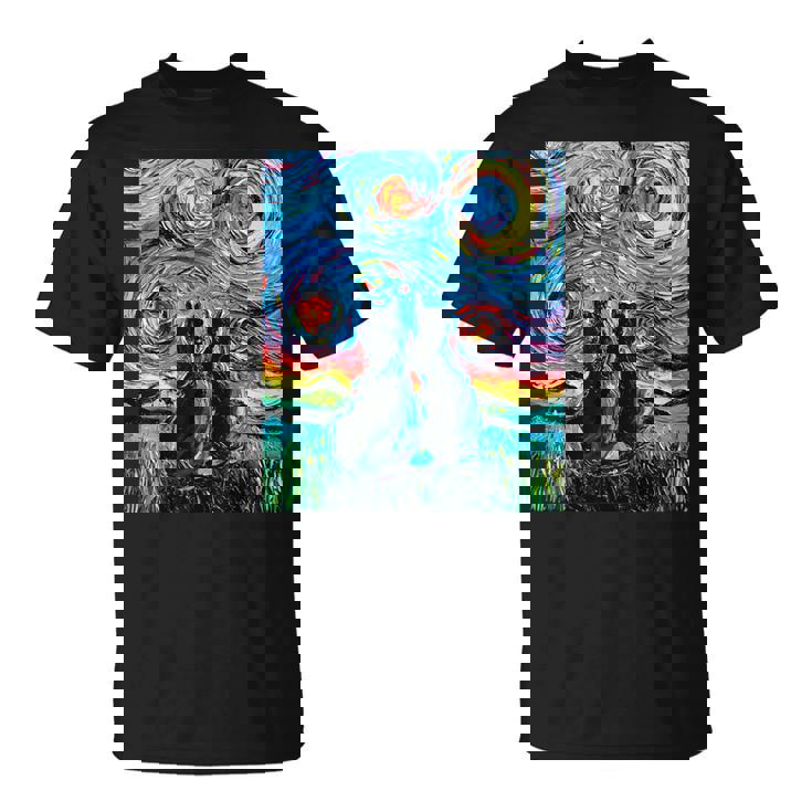 Aja 星月夜に2匹の黒猫 カラフルアート Tシャツ