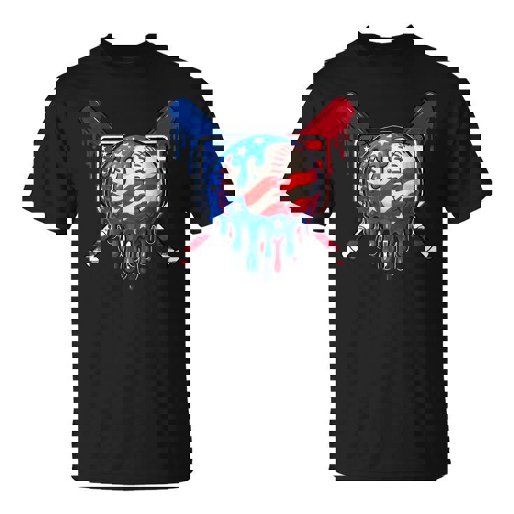 Baseball Drip Boys Dripping Ice Cream Baseball American Flag T-Shirt