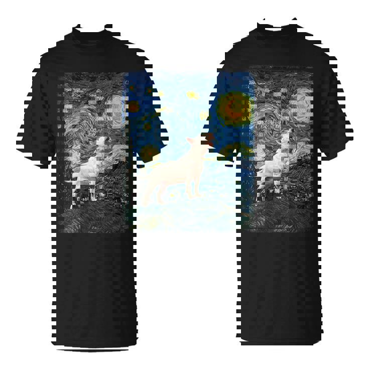 Bull Terrier Howling Moon Noche Estrelladaan Gogh Divertido Cuello Camiseta unisex