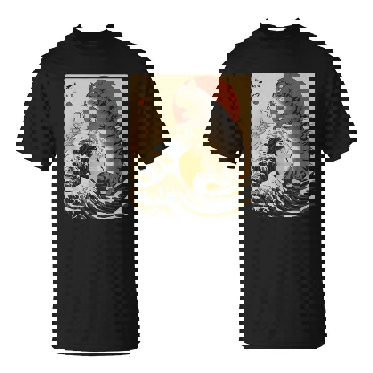 Catzilla 日本の波 ヴィンテージ 夕日 面白い 猫 アート Tシャツ