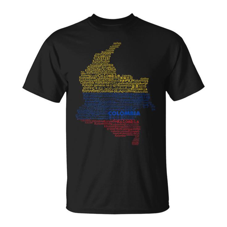 Colombia Mapa Bandera De Colombia Colombia En Idiomas Del Mundo Camiseta unisex