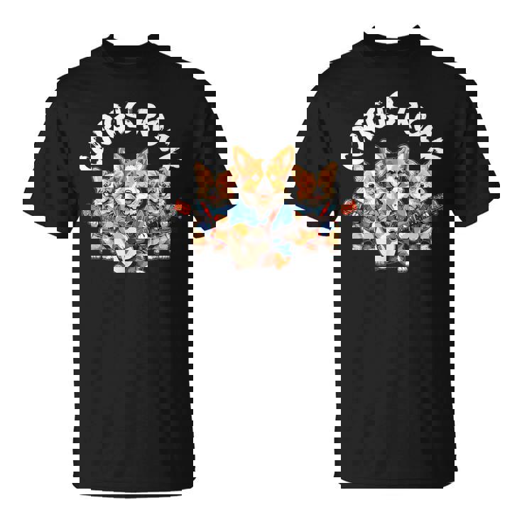 Corgis Rock かわいいコーギー犬トリオ ロックアウト ギターを弾く Tシャツ