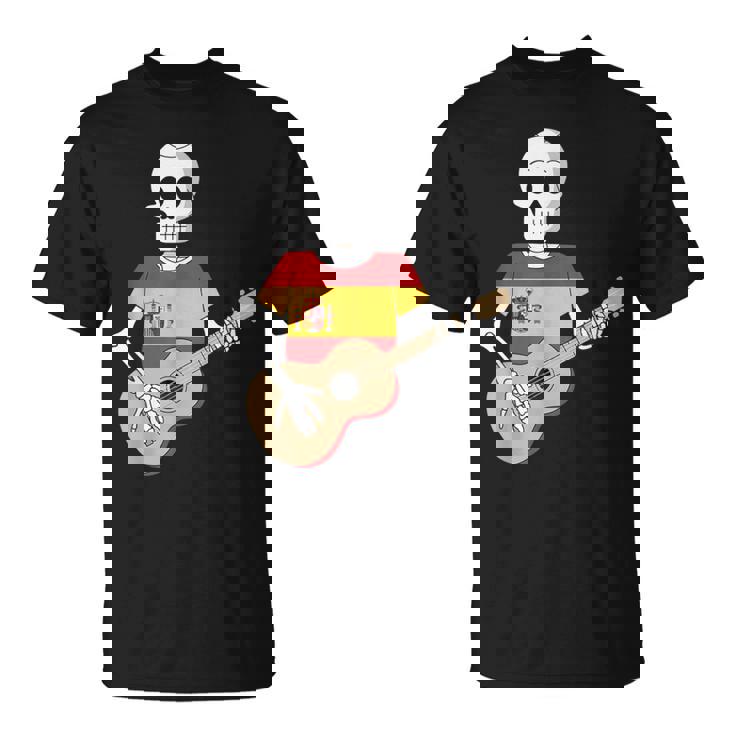 Divertido Esqueleto Guitarra España Bandera España Divertido Esqueleto Meme Camiseta unisex